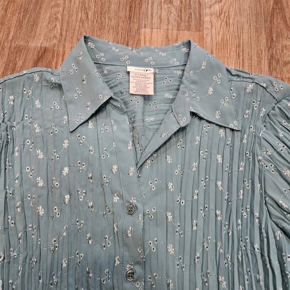 Y2K Floral Babydoll Blouse Women XL Blue Embroidered Short Sleeve Fairycore Boho - Picture 3 of 9